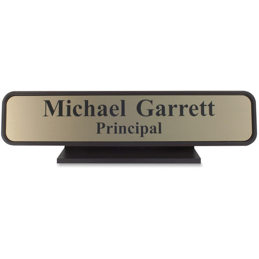Xstamper Designer Framed Desk Sign - 10" Holding Width x 2" Holding Height - Rectangular Shape - Rounded Corner - Aluminum, Plastic - Brown - 1 Each