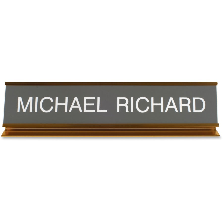 Xstamper Pedestal Aluminum Desk Sign - 10" Holding Width x 2" Holding Height - Rectangular Shape - Long Lasting, Durable - Aluminum, Plastic - Gold - 1 Each