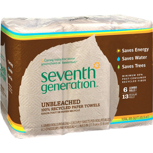 Seventh Generation 100% Recycled Paper Towels - 2 Ply - 11" Width x 9" Length - 120 Sheets/Roll - Natural - Paper - 6/Pack - 4 / Carton