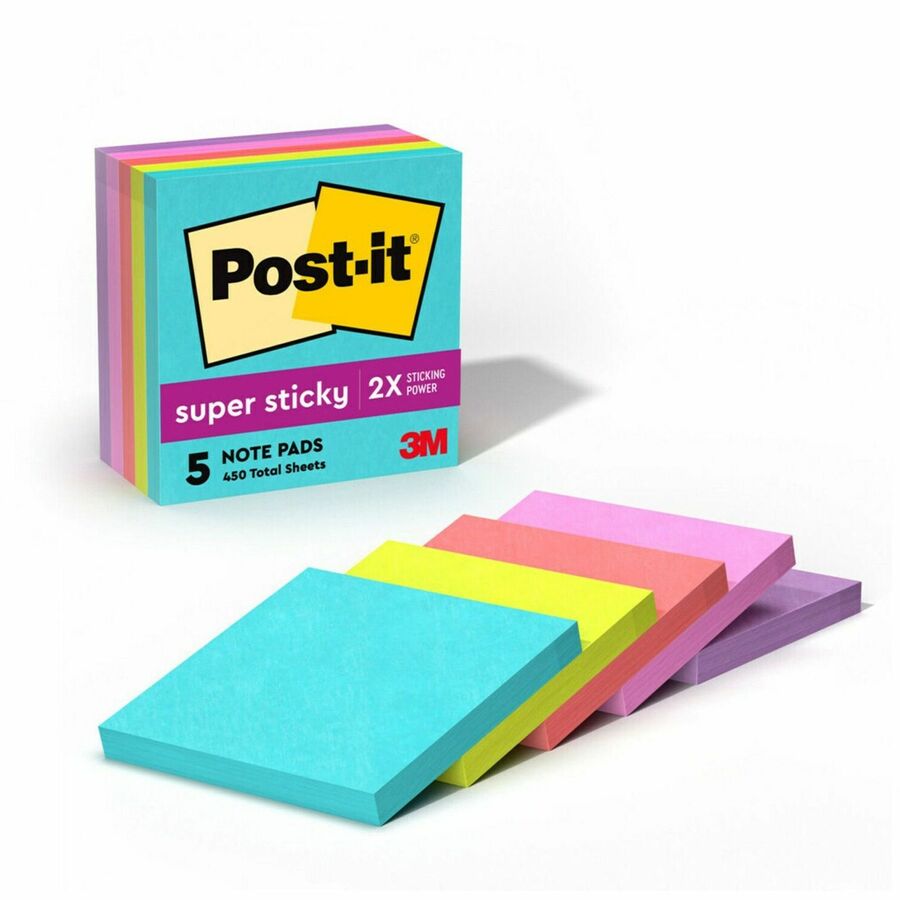 Post-it&reg, Super Sticky Notes - Supernova Neons Color Collection - 3" Flag/Note Width x 3" Flag/Note Length - Square - 90 Sheets per Pad - Aqua Splash, Acid Lime, Guava, Tropical Pink, Iris Infusion - Paper - Recyclable, Repositionable - 1 Pack