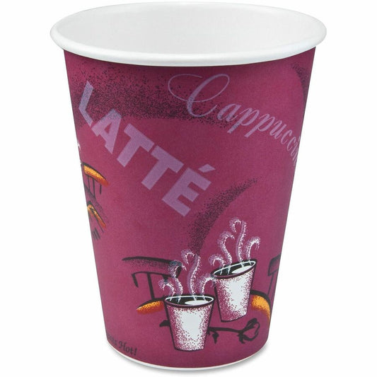 Solo 12 oz Bistro Design Disposable Paper Cups - 12 fl oz - Maroon - Paper - Beverage, Hot Drink, Cold Drink, Coffee, Tea, Cocoa - 50/Pack - 20 / Carton