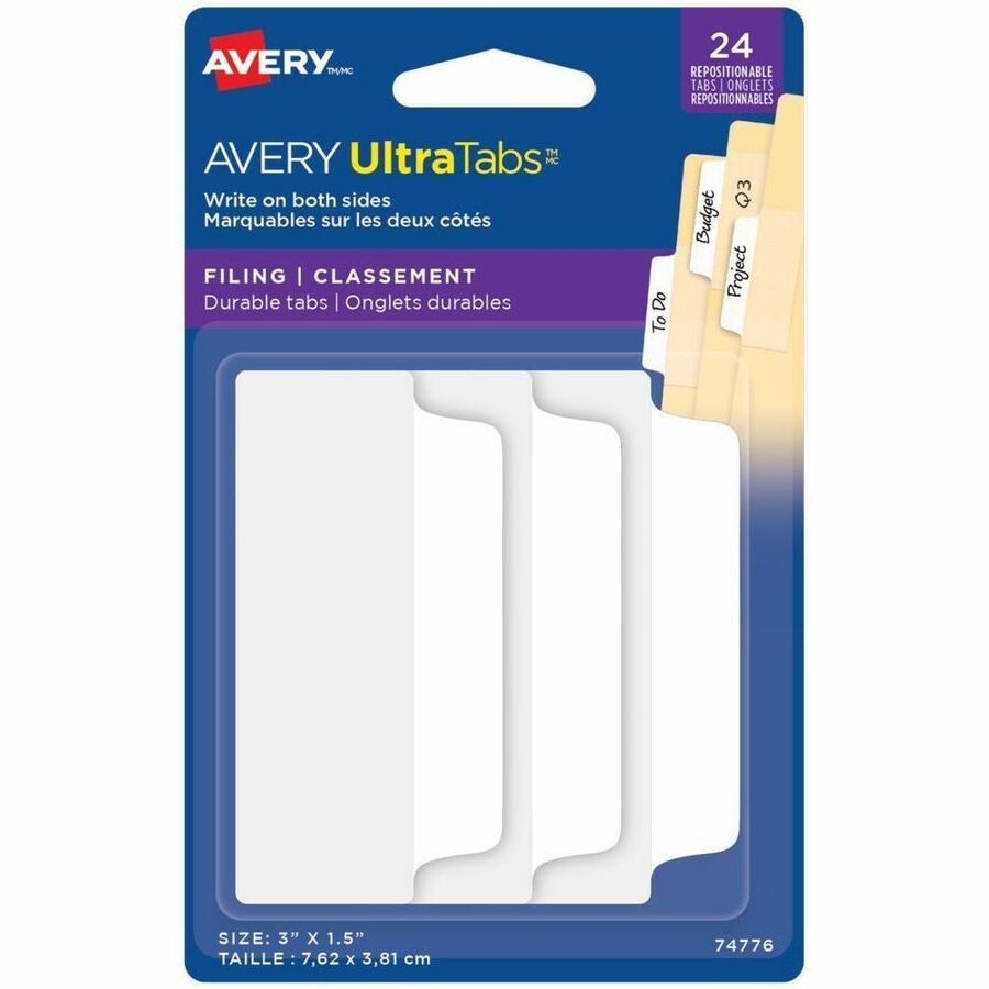 Avery, UltraTabs Filing Tabs - 24 Write-on Tab(s) - 3" Tab Height x 1.50" Tab Width - Removable, Self-adhesive - White Paper Tab(s) - Repositionable, Double-sided, Durable, Smudge-free, Writable - 1 Pack