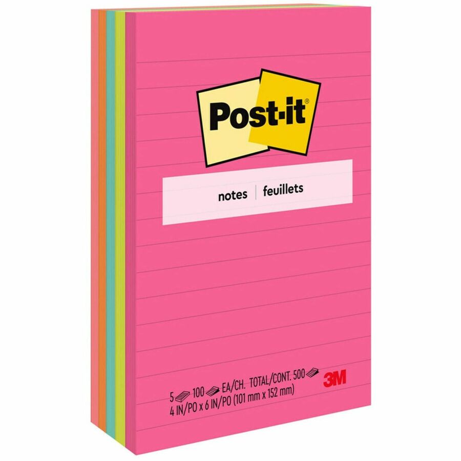 Post-it&reg, Notes Original Notepads - Poptimistic Color Collection - 4" Flag/Note Width x 6" Flag/Note Length - Rectangle - 100 Sheets per Pad - Ruled - Power Pink, Neon Green, Aqua, Neon Orange, Guava Pink - Self-adhesive, Self-stick - 5 / Pack