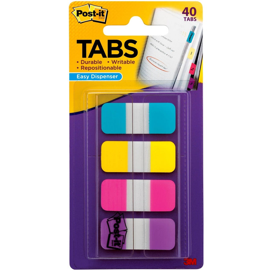 Post-it&reg, Easy Dispenser Tabs - 40 Tab(s) - 0.63" Tab Width - Removable - Pink, Purple, Yellow, Blue Tab(s) - Durable, Repositionable, Writable - 1 Pack