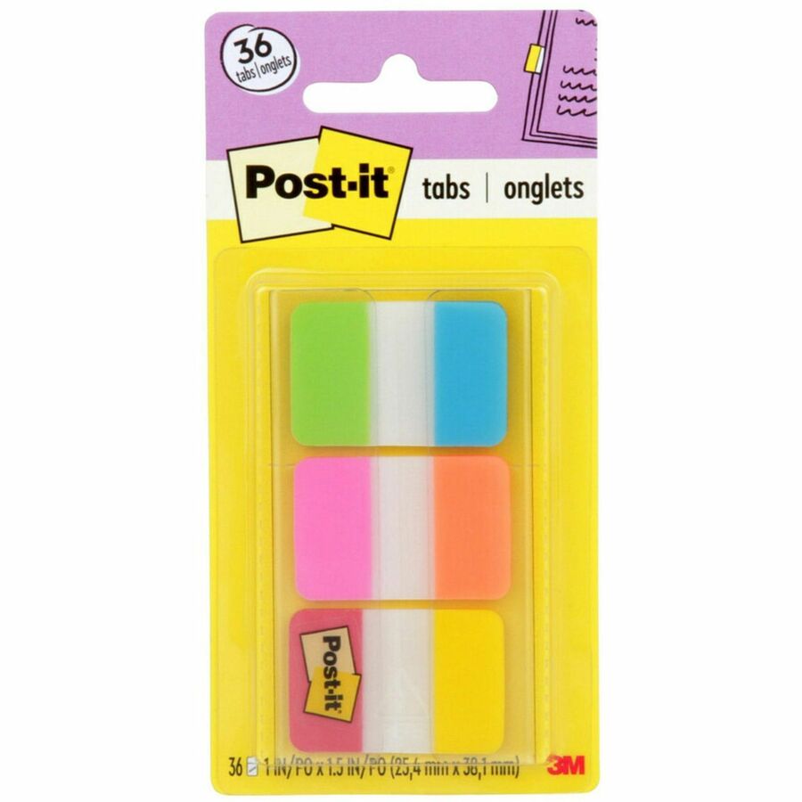 Post-it&reg, Alternating Tabs - 36 Tab(s) - 1" Tab Height x 1.50" Tab Width - Removable - Green Poly, Orange, Red, Yellow, Pink, Blue Tab(s) - Repositionable, Durable - 36 / Pack