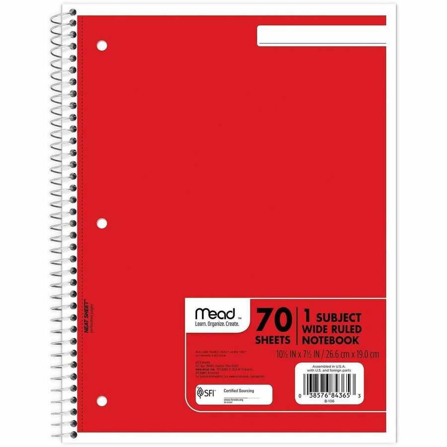 Mead Wide Ruled 1-Subject Notebooks - 70 Sheets - Spiral - Wide Ruled Front Ruling - 8" x 10 1/2" Sheet Size - White Paper - Assorted Cover - Hole-punched, Micro Perforated - 6 / Bundle
