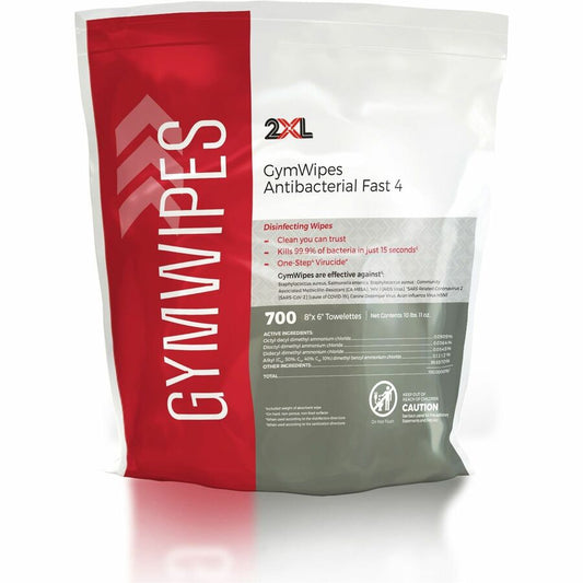 2XL GymWipes Antibacterial Towelettes Bucket Refill - For Multi Surface - Phenol-free, Hygienic, Anti-bacterial, Disinfectant, Disposable, Bleach-free, Alcohol-free, Disposable, Absorbent - White - 700/Bag - 4 / Carton