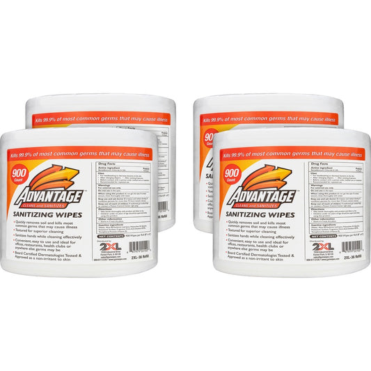 2XL Advantage Sanitizing Wipes - For Multi Surface - 8" Length x 6" Width - Recommended For: Dirt Remover, Oil Remover, Sweat Remover, Odor Remover - Alcohol-free, Phenol-free, Bleach-free, Ammonia-free, Non-toxic, Non-irritating - White - 900/Roll - 4...