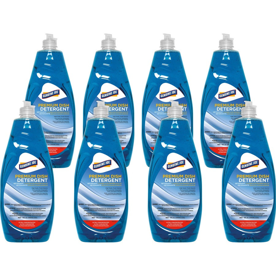 Genuine Joe Premium Dish Detergent - For Dish - Concentrate - 38 fl oz (1.2 quart) - Recommended For: Grease Remover - Blue - 8 / Carton