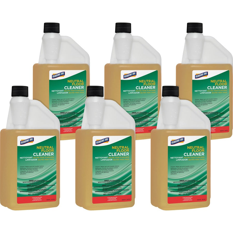 Genuine Joe Neutral Floor Cleaner - For Multi Surface - Concentrate - 32 fl oz (1 quart) - Recommended For: Dirt Remover - pH Neutral - Yellow - 6 / Carton