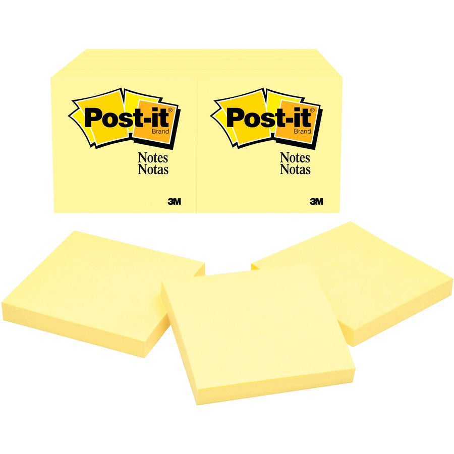 Post-it&reg, Notes Original Notepads - 3" Flag/Note Width x 3" Flag/Note Length - Square - 100 Sheets per Pad - Unruled - Canary Yellow - Paper - Self-adhesive, Repositionable - 12/Pack - 2 / Bundle