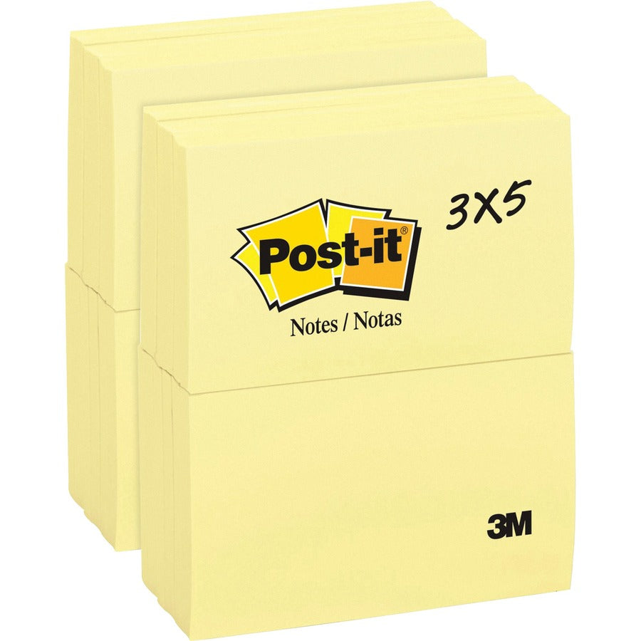 Post-it&reg, Notes Original Notepads - 3" Flag/Note Width x 5" Flag/Note Length - Rectangle - 100 Sheets per Pad - Unruled - Canary Yellow - Paper - Self-adhesive, Repositionable - 12/Pack - 2 / Bundle