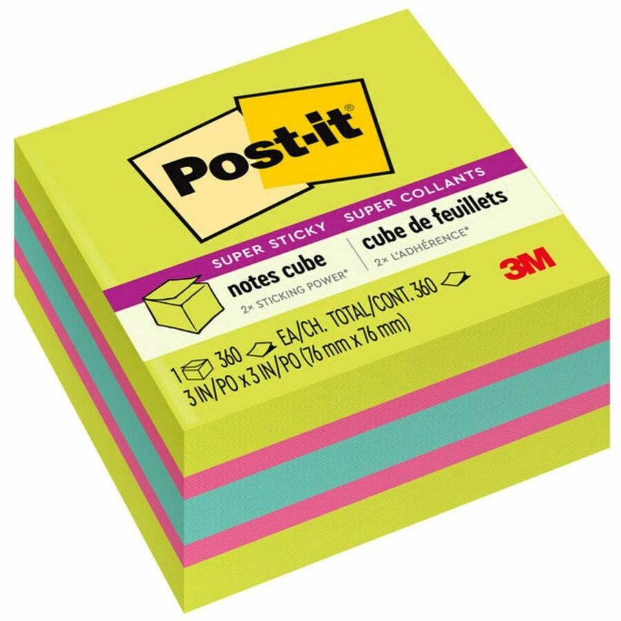 Post-it&reg, Super Sticky Notes Cube - 3" Flag/Note Width x 3" Flag/Note Length - Square - 360 Sheets per Pad - Guava, Acid Lime, Aqua Splash - Paper - Sticky, Recyclable - 1 Pack