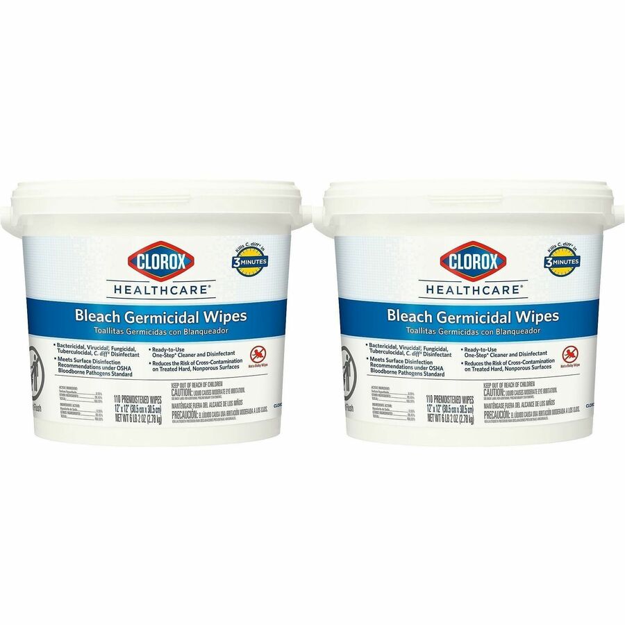 Clorox Healthcare Bleach Germicidal Wipes Bucket - Ready-To-Use - 12" Length x 12" Width - Anti-corrosive, Antibacterial - White - 110/Tub - 25 / Bundle