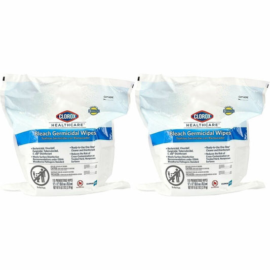 Clorox Healthcare Bleach Germicidal Wipes Bucket Refill - Ready-To-Use - 12" Length x 12" Width - Anti-corrosive - White - 110/Bag - 50 / Bundle
