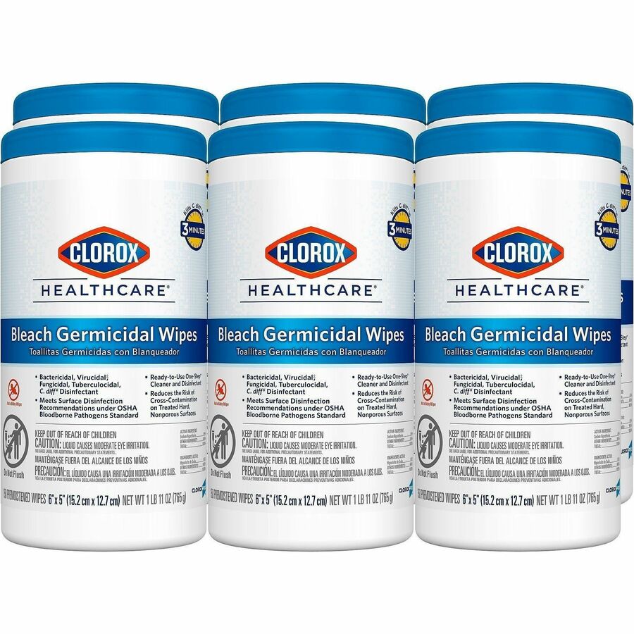 Clorox Healthcare Bleach Germicidal Wipes - For Multi Surface, Multipurpose - Ready-To-Use - Wipe - 5" Length x 6" Width - Recommended For: Bacteria Remover, Virus Remover, Spore Remover, Germs Remover, Fungi Remover - Anti-corrosive, Residue-free - Wh...