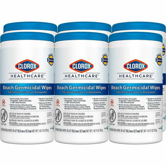 Clorox Healthcare Bleach Germicidal Wipes - Ready-To-Use - 5" Length x 6" Width - Anti-corrosive, Residue-free - White - 150/Tub - 3 / Pallet