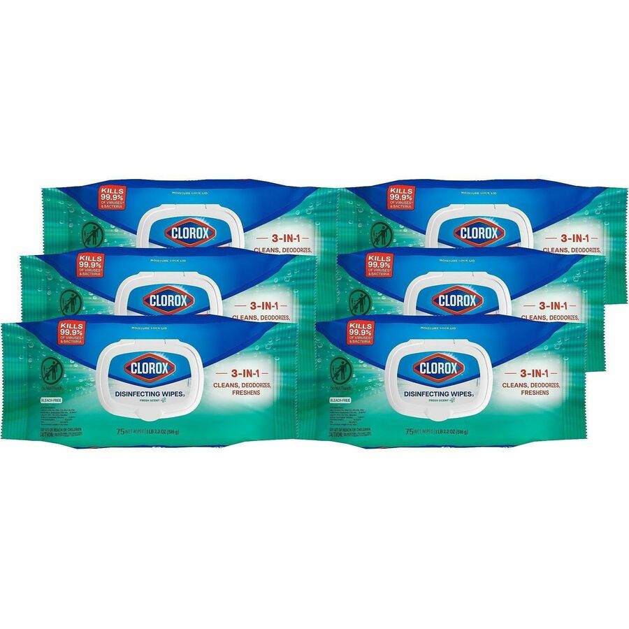 Clorox Disinfecting Cleaning Wipes Flex Pack - For Multi Surface, Multipurpose - Wipe - Fresh Scent - Recommended For: Bacteria Remover, Virus Remover, Grease Remover, Soap Scum Remover, Grime Remover - Bleach-free, Antibacterial - White - 75/Pack - 6...