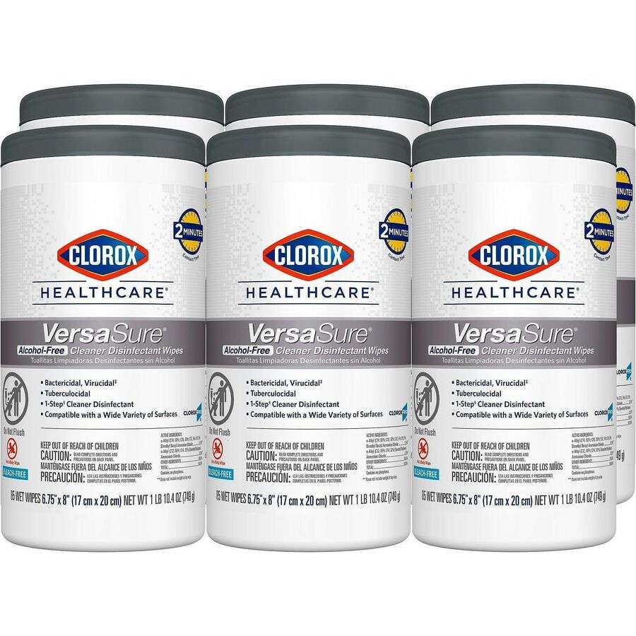 Clorox Healthcare VersaSure Cleaner Disinfectant Wipes - 8" Length x 6.75" Width - Durable, Alcohol-free, Low Odor, Fragrance-free, Fume-free, Strong - White - 85/Tub - 6 / Carton