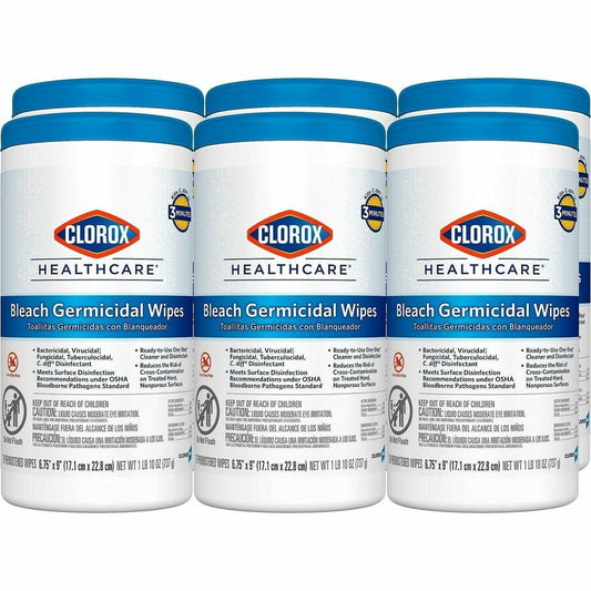 Clorox Healthcare Bleach Germicidal Wipes - Ready-To-Use - 9" Length x 6.75" Width - Anti-corrosive, Antibacterial - White - 70/Tub - 75 / Pallet