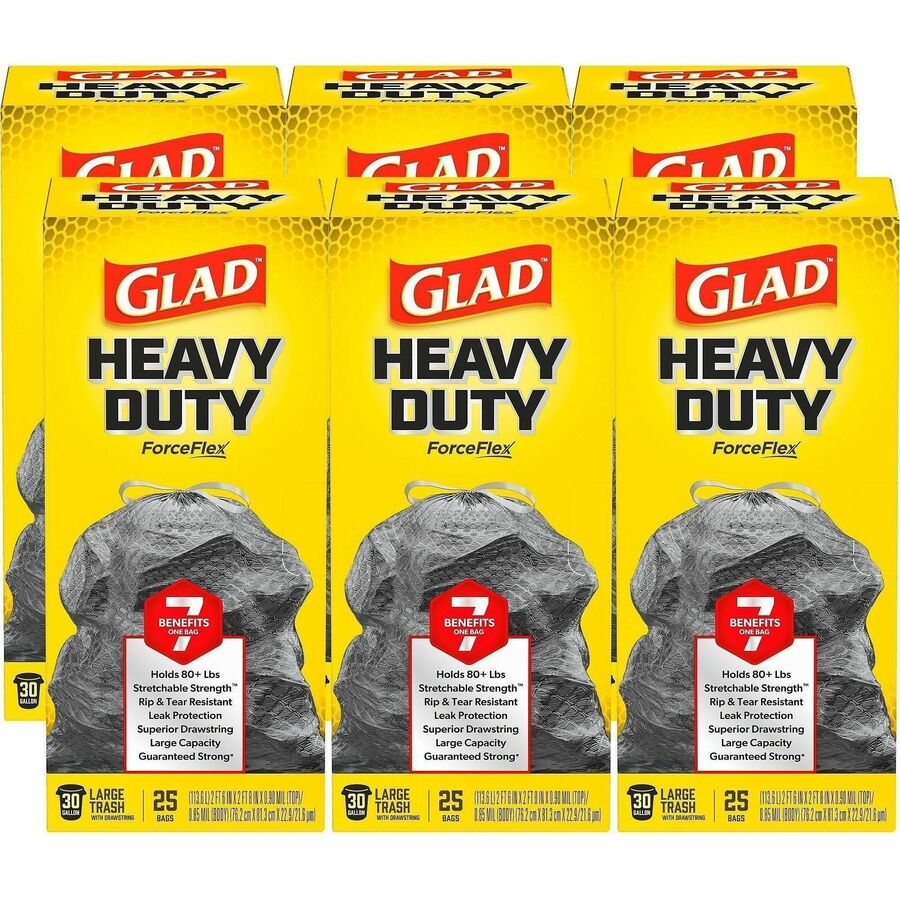 Glad ForceFlex Heavy-Duty Large Drawstring Trash Bags - Large Size - 30 gal Capacity - Drawstring Closure - Black - Home, Office, Can - 25/Box - 26 / Bundle