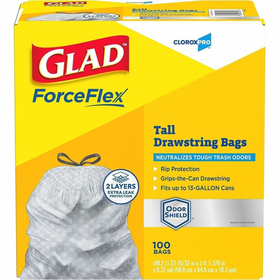 CloroxPro™, Glad&reg, ForceFlex Tall Kitchen Drawstring Trash Bags - 13 gal Capacity - 0.90 mil (23 Micron) Thickness - Drawstring Closure - Gray - Kitchen, Can, Office, Breakroom, School, Restaurant, Commercial, Cafeteria - 100/Box - 2 / Pallet
