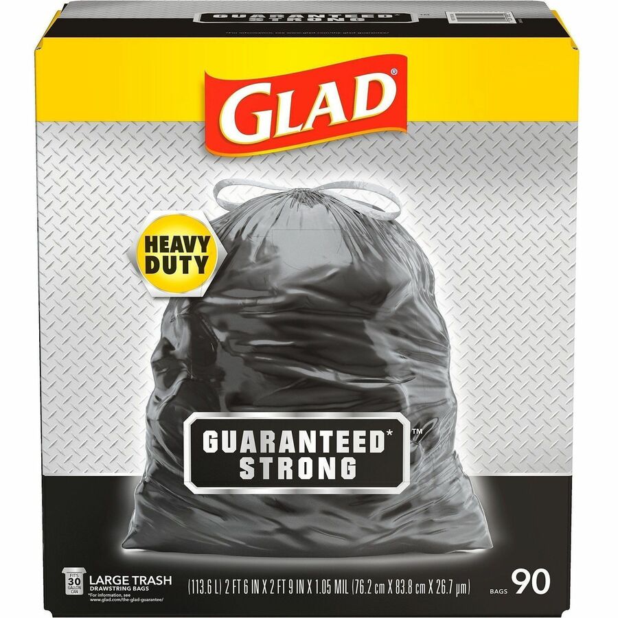 Glad Strong Large Drawstring Trash Bags - Large Size - 30 gal Capacity - 32.99" Length x 30" Width x 1.05 mil (27 Micron) Thickness - Drawstring Closure - Black - Plastic - Garbage, Indoor, Outdoor - 90/Box - 34 / Bundle