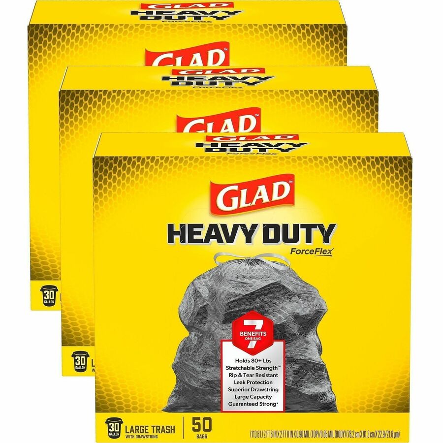 Glad ForceFlex Heavy-Duty Large Drawstring Trash Bags - Large Size - 30 gal Capacity - 32.01" Length x 30" Width x 0.90 mil (23 Micron) Thickness - Drawstring Closure - Black - Garbage, Indoor, Outdoor, Home, Office, Restaurant, Commercial - 50/Box - 3...