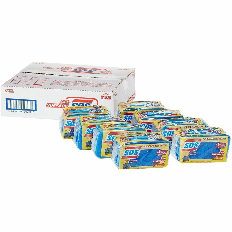 S.O.S All Surface Scrubber Sponge - 5.3" Height x 3" Width x 0.9" Depth - 3/Pack - 84 / Bundle - Cellulose - Blue