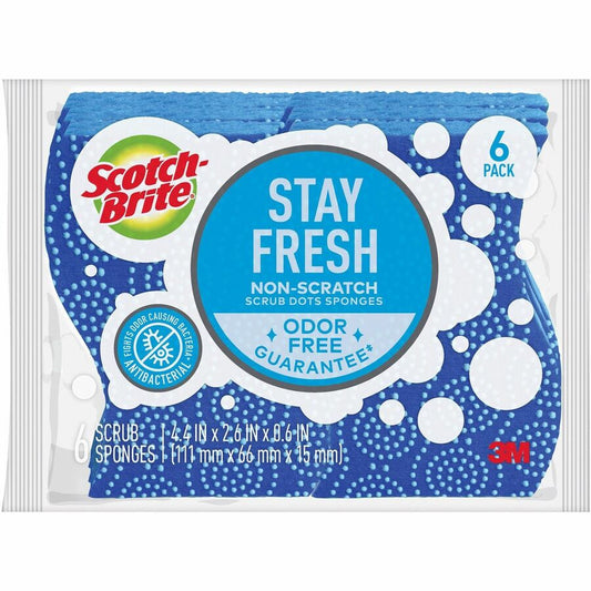 Scotch-Brite Scrub Dots Non-Scratch Sponge - 4.8" Height x 6.5" Width x 2.5" Depth - 6/Pack - 4 / Carton - Blue