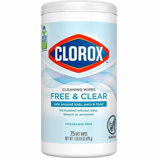 Clorox Free & Clear Cleaning Wipes - 4.25" Length x 4.25" Width - Fragrance-free, Dye-free, Residue-free, Durable - White - 75/Tub - 1 Each