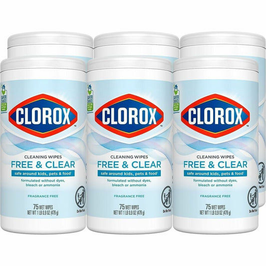 Clorox Free & Clear Cleaning Wipes - 4.25" Length x 4.25" Width - Fragrance-free, Dye-free, Residue-free, Durable - White - 75/Tub - 6 / Carton