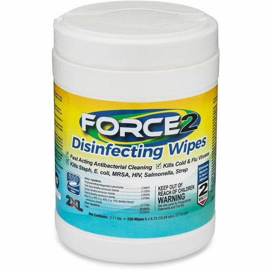 2XL FORCE2 Disinfecting Wipes - Wipe - 6.75" Length x 6" Width - Recommended For: Bacteria Remover, Virus Remover, Coronavirus - Fast Acting, Non-toxic, Non-irritating, Pre-moistened, Alcohol-free, Phenol-free, Bleach-free, Ammonia-free - White - 220/T...