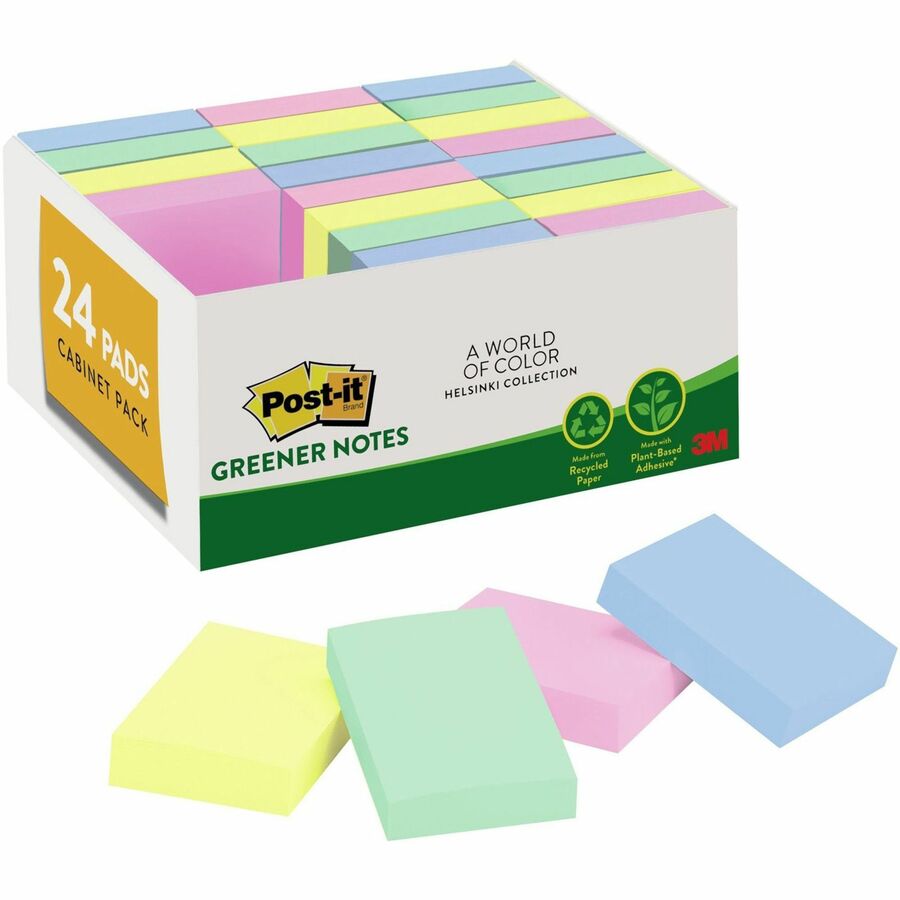 Post-it&reg, Greener Notes Value Pack - Beachside Cafe Color Collection - 1 1/2" Flag/Note Width x 2" Flag/Note Length - Rectangle - Positively Pink, Canary Yellow, Fresh Mint, Moonstone - Paper - Self-stick, Removable, Recyclable, Residue-free, Eco-fr...