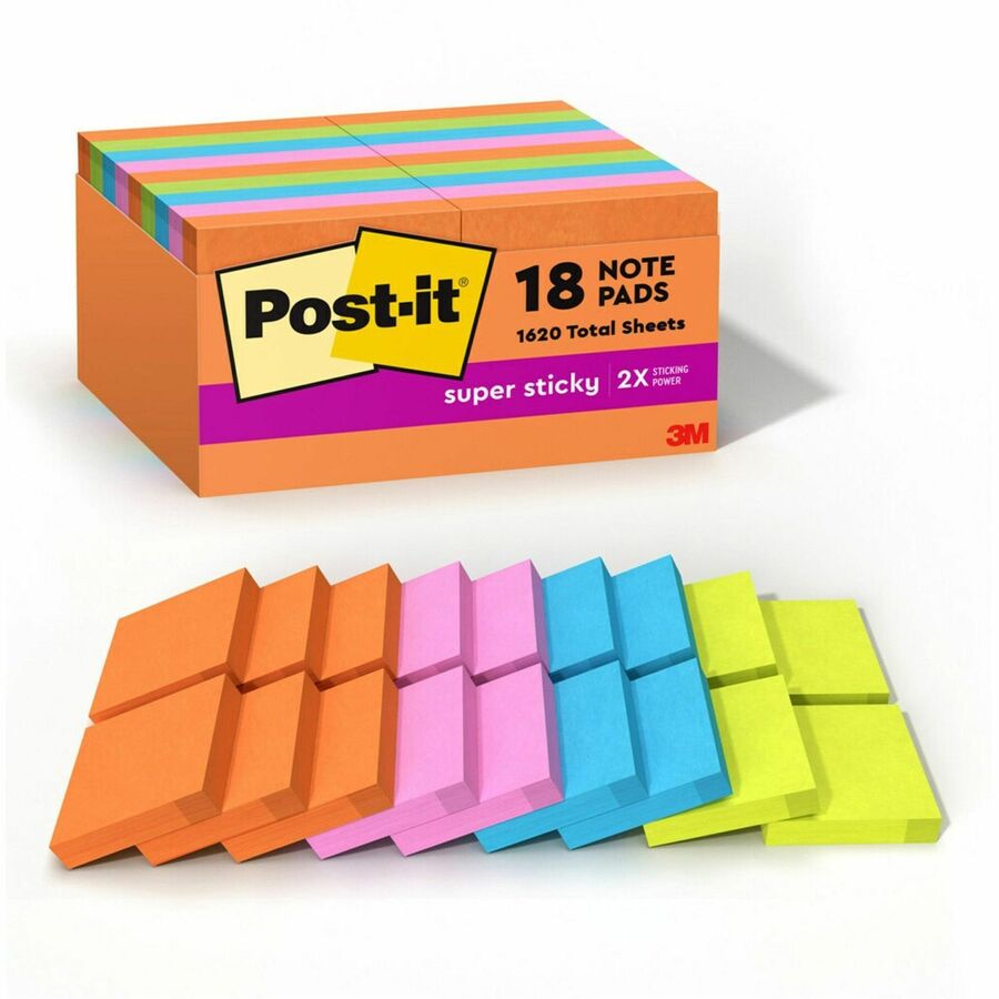 Post-it&reg, Super Sticky Notes - Energy Boost Color Collection - 2" Flag/Note Width x 2" Flag/Note Length - Square - 90 Sheets per Pad - Multicolor - Paper - Super Sticky, Adhesive, Recyclable, Residue-free - 18 / Pack