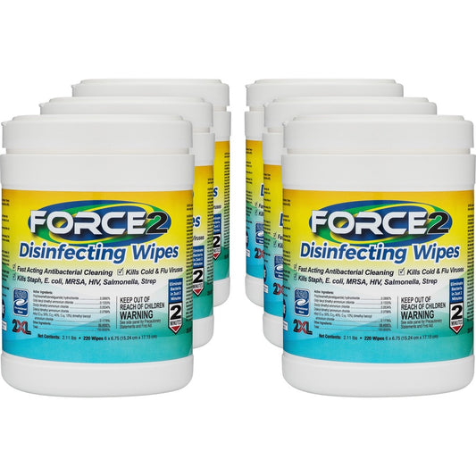 2XL FORCE2 Disinfecting Wipes - Wipe - 6.75" Length x 6" Width - Recommended For: Bacteria Remover, Virus Remover - Fast Acting, Non-toxic, Non-irritating, Pre-moistened, Alcohol-free, Phenol-free, Bleach-free, Ammonia-free - White - 220/Tub - 6 / Carton