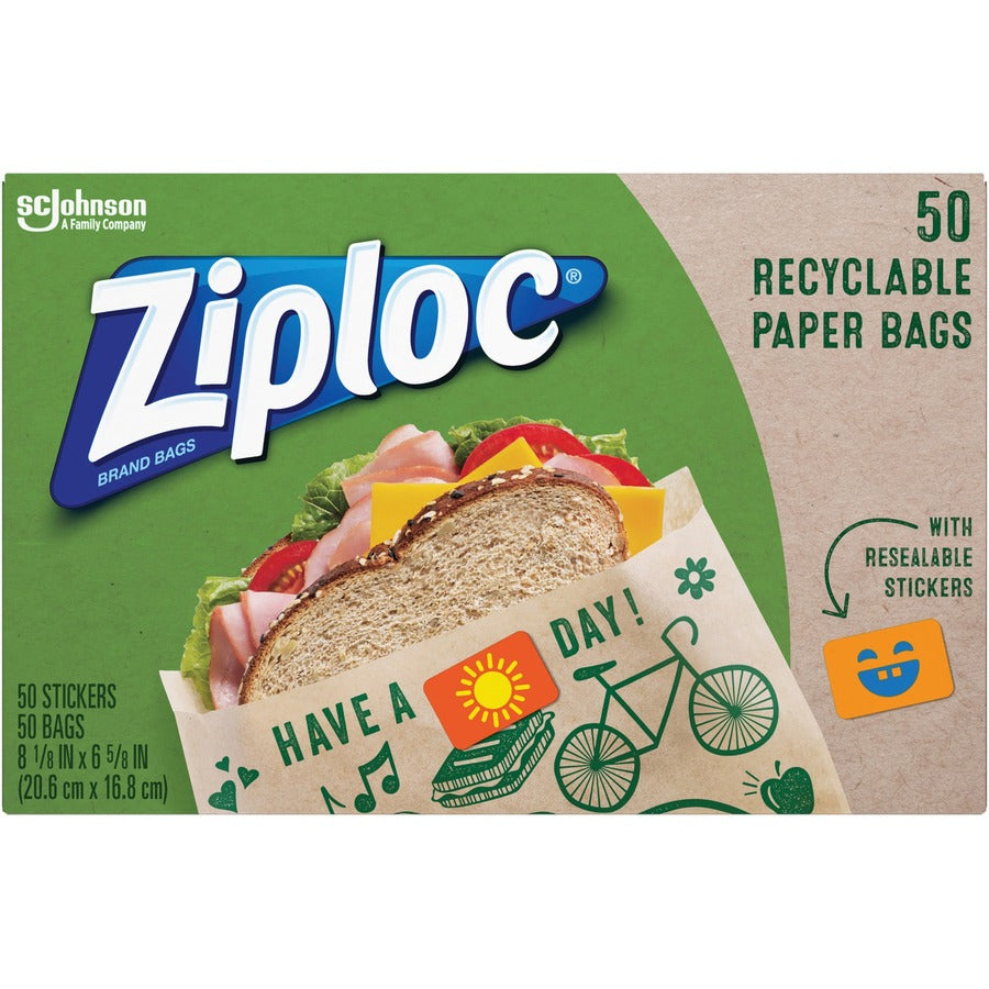 Ziploc&reg, Paper Bags - 8.12" Length x 6.62" Width - Brown - Paper - Lunch, Sandwich, Snack - 50 / Box