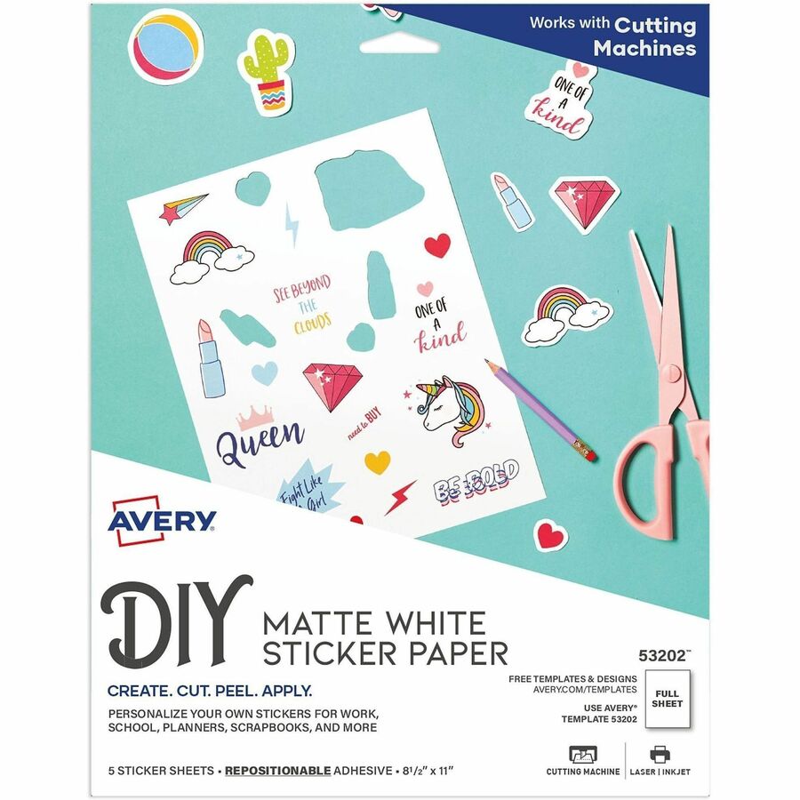 Avery, Matte White Sticker Project Paper - Letter - 8 1/2" x 11" - Matte - Printable, Removable Adhesive, Die-cut, Repositionable, Lignin-free, Easy to Cut, Acid-free, PVC-free - White - 5 Sheets - 1 Carton