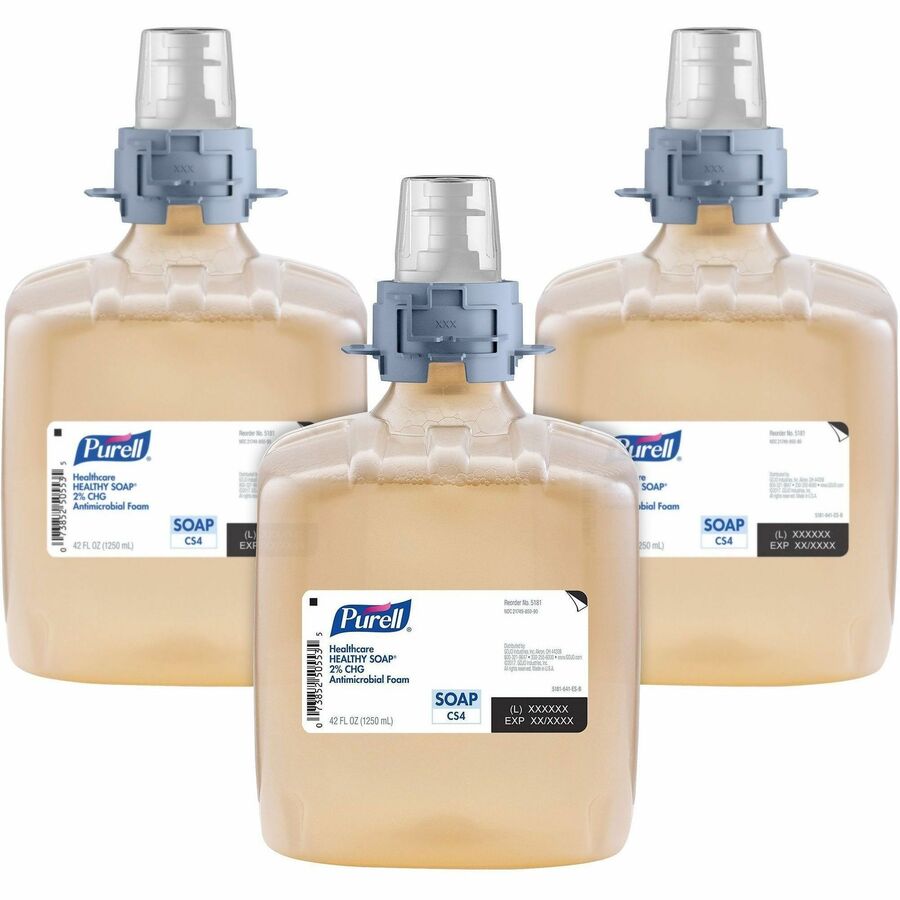 PURELL&reg, CS4 Healthcare Foam Handwash 2% CHG Antimicrobial Foam Refill - 1.32 quart - Kill Germs, Bacteria Remover - Hand, Hospital, Healthcare, Skin - Moisturizing - Non-irritating, Dye-free, Fragrance-free, Rich Lather - 3 / Carton