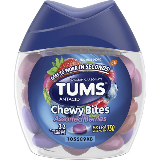 TUMS Chewy Bites Chewable Antacid Tablets - For Acid Indigestion, Heartburn, Sour Stomach, Upset Stomach - Assorted Berries - 32/Bottle - 1 Each