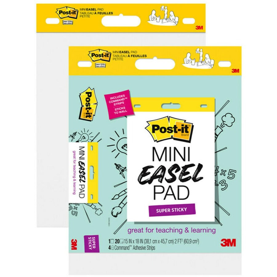 Post-it&reg, Post it Super Sticky Mini Easel Pad - 1 Subject(s) - 20 Sheets - Stapled - Portable, Self-stick, Bleed Resistant, Sturdy Back, Built-in Carry Handle - 2 / Pack