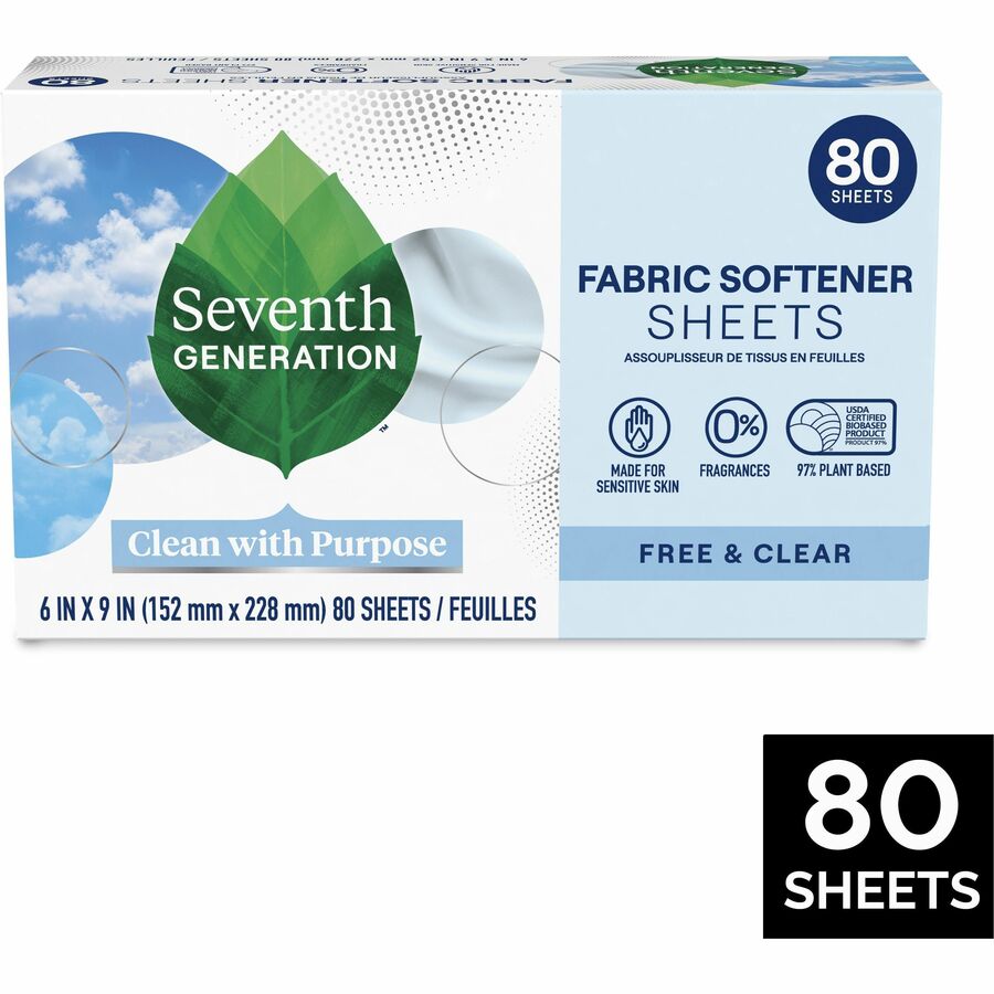 Seventh Generation Free & Clear Fabric Softener Sheets - 9" Length x 6.40" Width - Bio-based, Hypoallergenic, Fragrance-free, Unscented, Dye-free, Gluten-free, Phosphate-free - White - 80 / Box