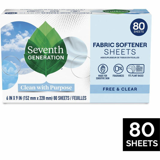 Seventh Generation Free & Clear Fabric Softener Sheets - 9" Length x 6.40" Width - Bio-based, Hypoallergenic, Fragrance-free, Unscented, Dye-free, Gluten-free, Phosphate-free - White - 80 / Box