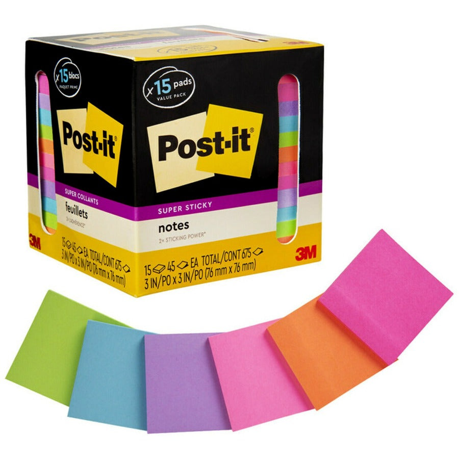 Post-it&reg, Super Sticky Notes - 15 - 3" Flag/Note Width x 3" Flag/Note Length - Square - 45 Sheets per Pad - Neon Orange, Tropical Pink, Power Pink, Iris, Blue Paradise, Neon Green Limeade - Adhesive, Recyclable - 15 / Pack
