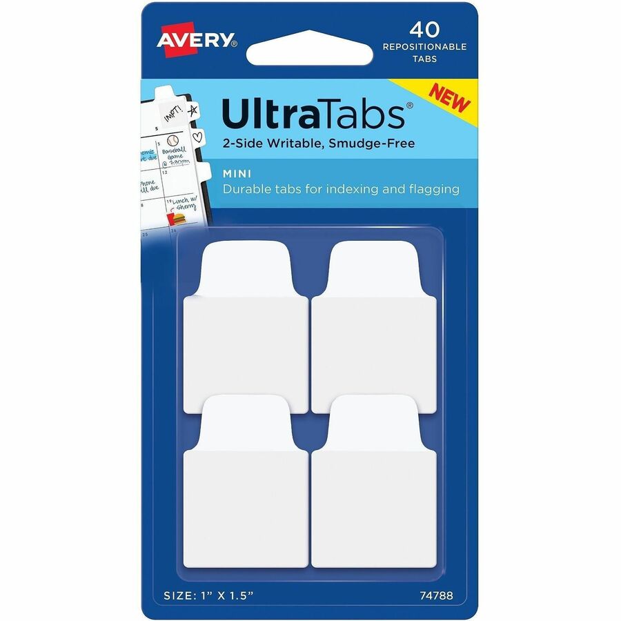 Avery, Ultra Tabs Repositionable Mini Tabs - 40 Tab(s) - 10 Tab(s)/Set - Removable - Clear Film, White Paper Tab(s) - Repositionable, Writable, Durable, Smudge-free, Residue-free, Sturdy, Reusable, Double-sided, Smudge Resistant - 40 / Pack