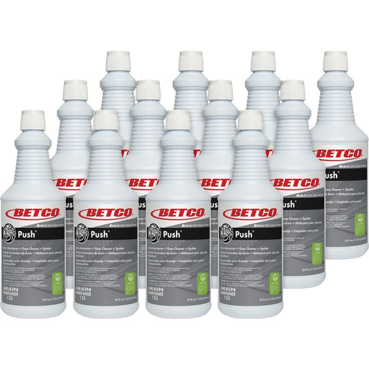 Betco BioActive Solutions Push Cleaner - 32 fl oz (1 quart) - New Green Scent - Non-flammable, Non-corrosive, Caustic-free - Milky White Bottle - 12 / Carton