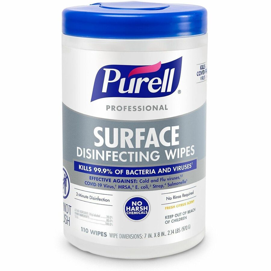 PURELL&reg, Professional Surface Disinfecting Wipes - Ready-To-Use - Fresh Citrus Scent - 8" Length x 7" Width - Disinfectant, Odor-free, Rinse-free, Durable, Chemical-free - 110/Tub - 1 Each