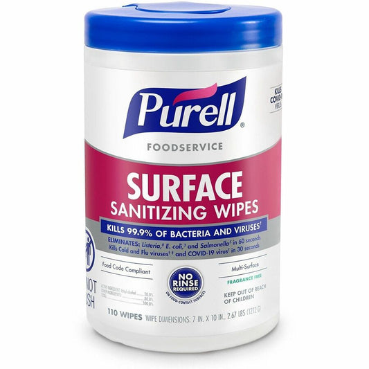 PURELL, Foodservice Surface Sanitizing Wipes - Ready-To-Use - 10" Length x 7" Width - Rinse-free, Fragrance-free, Durable - 110/Tub - 1 Each