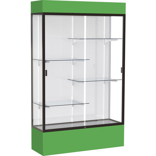 Waddell Lighted Floor Case, White Back w/ Dark Bronze Frame & Colored Base - 48" Width x 16" Depth x 80" Height - 4 x Shelf(ves) - Sliding Door(s) - 25 lb Load Capacity - Lockable, Adjustable Shelf, Handcrafted, LED Light - Kelly Green - Assembly Requi...