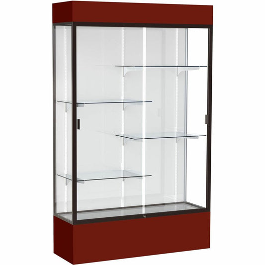 Waddell Lighted Floor Case, White Back w/ Dark Bronze Frame & Colored Base - 48" Width x 16" Depth x 80" Height - 4 x Shelf(ves) - Sliding Door(s) - 25 lb Load Capacity - Lockable, Adjustable Shelf, Handcrafted, LED Light - Maroon - TAA Compliant